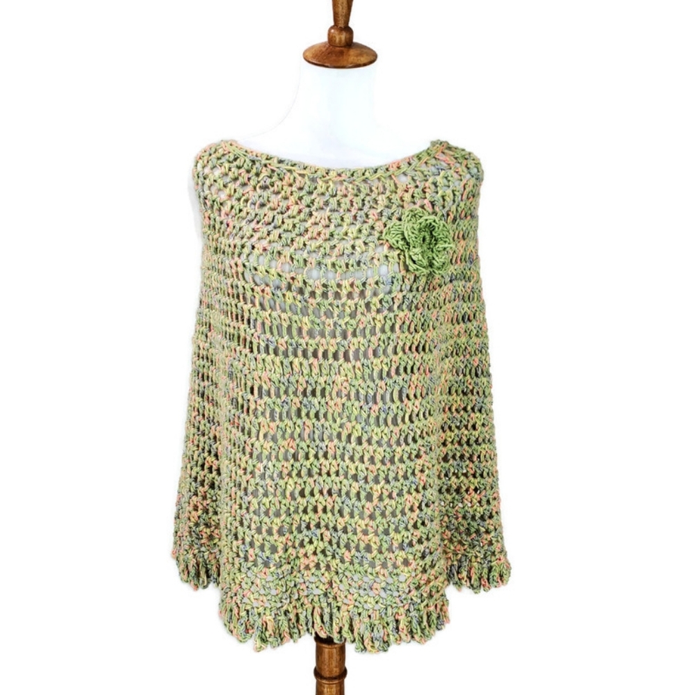 Vintage Hand Knit Open Knit Crochet Granny Poncho Cape Shawl Chunky Boho